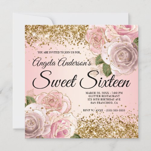 Gold Glitter Blush Pink Floral Sweet Sixteen Invitation