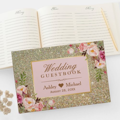 Gold Glitter Blush Pink Floral Wedding Guest Book