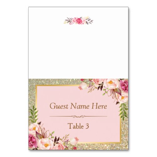 Gold Glitter Blush Pink Floral Wedding Place Card