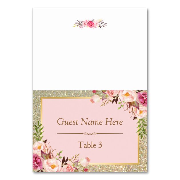 Gold Glitter Blush Pink Floral Wedding Place Card