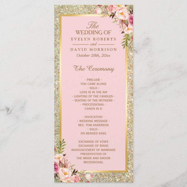 Gold Glitter Blush Pink Floral Wedding Program