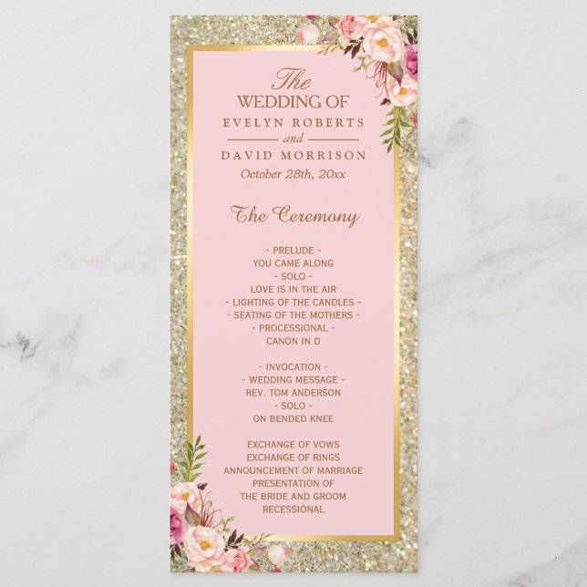 Gold Glitter Blush Pink Floral Wedding Program (Front)