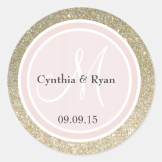 Gold Glitter & Blush Pink Wedding Monogram Classic Round Sticker
