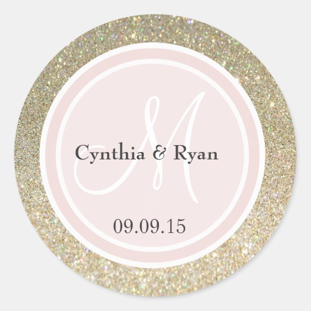 Gold Glitter & Blush Pink Wedding Monogram Classic Round Sticker