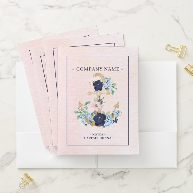 Gold glitter boat anchor with seashore flowers pocket folder (In Situ)