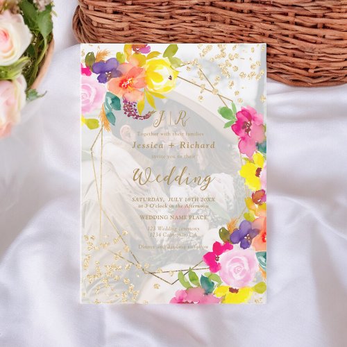 Gold glitter boho bold floral 2 photos wedding invitation