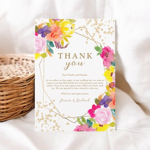 Gold glitter boho bold floral chic wedding thank you card