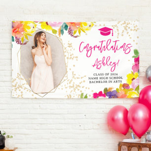 Gold glitter boho bold floral graduation congrats banner