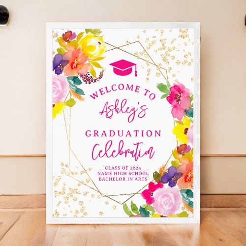 Gold glitter boho bold floral graduation welcome poster