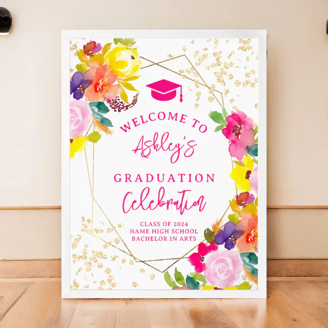 Gold glitter boho bold floral graduation welcome poster | Zazzle