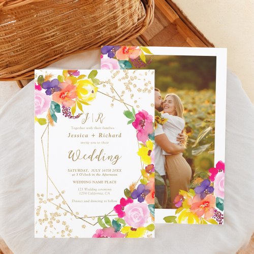 Gold glitter boho bold floral photo wedding invitation