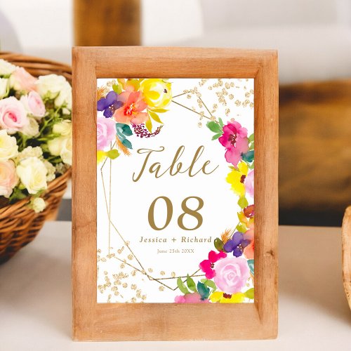 Gold glitter boho bold floral watercolor chic table number