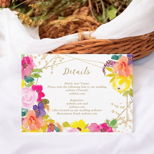 Gold glitter boho bold floral wedding chic details enclosure card