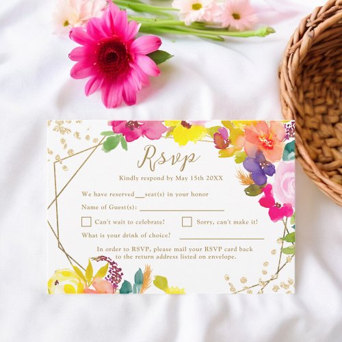 Gold glitter boho bold floral wedding RSVP card