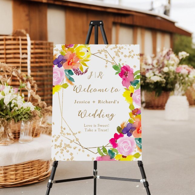 Gold glitter boho bold floral wedding welcome foam board (Gold glitter boho bold floral wedding welcome foam board)