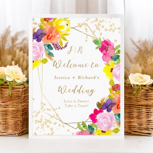 Gold glitter boho bold floral wedding welcome poster