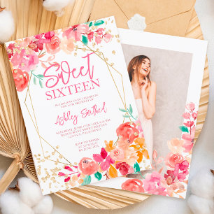 Gold glitter boho floral watercolor photo Sweet 16 Invitation