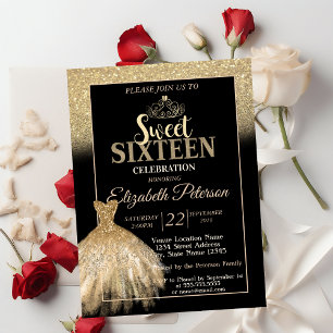 Gold Glitter Bokeh Ombre,Tiara,Dress Sweet 16 Invitation