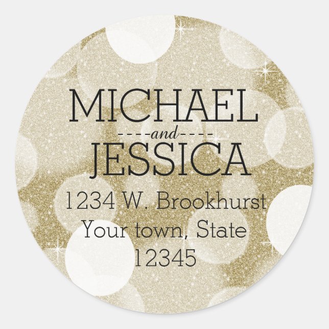 Gold Glitter Bokeh Personalized name and address Classic Round Sticker (Front)