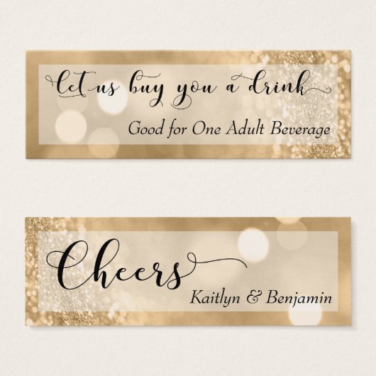 Gold Glitter Bokeh Script Mini Drink Ticket (Front & Back)