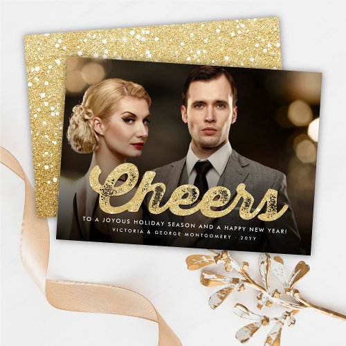 Gold Glitter Bold Cheers Modern New Year Photo Holiday Card
