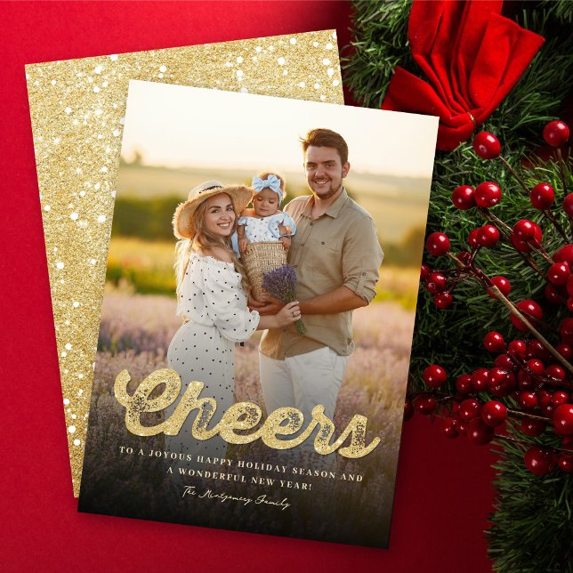 Gold Glitter Bold Cheers Stylish New Year Photo Holiday Card (Creator Uploaded)