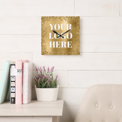 Gold Glitter Border and Foil Logo Square Wall Clock