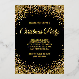 Gold Glitter Border Black Christmas Party Foil Invitation