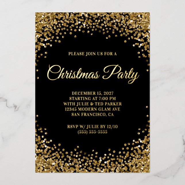 Gold Glitter Border Black Christmas Party Foil Invitation (Front)