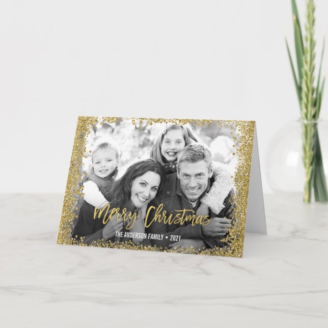 Gold Glitter Border Christmas Photo Horizontal Holiday Card (Front)