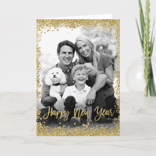 Gold Glitter Border Happy New Year Photo Holiday Card