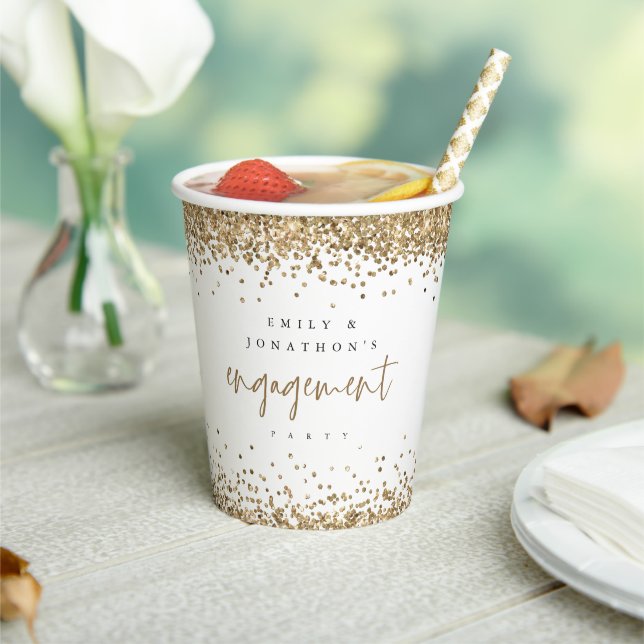 Gold Glitter Border Names Engagement Party Paper C Cups (Insitu)