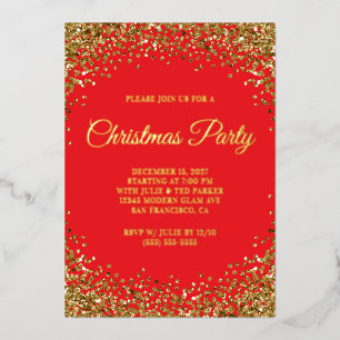 Gold Glitter Border Red Christmas Party Foil Invitation