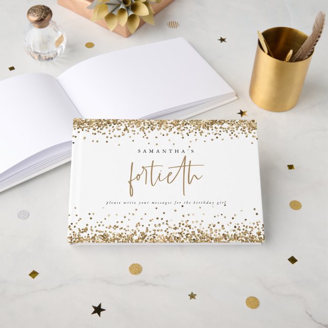 Gold Glitter Borders 40th Birthday Party Guest Book (Front Open)
