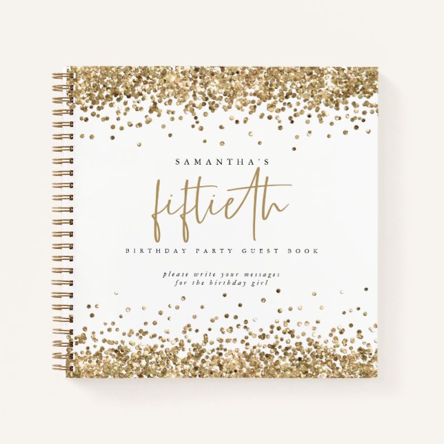 Gold Glitter Borders 50th Birthday Guest Book (Front)