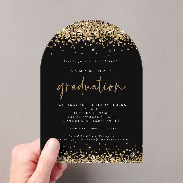 Gold Glitter Borders Black Graduation Party Acrylic Invitations (Insitu (Handheld))
