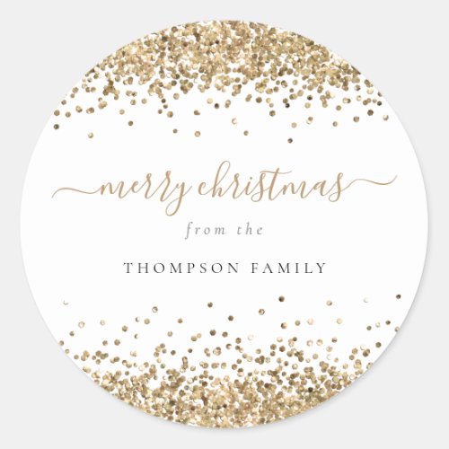 Gold Glitter Borders Name Merry Christmas Classic Round Sticker