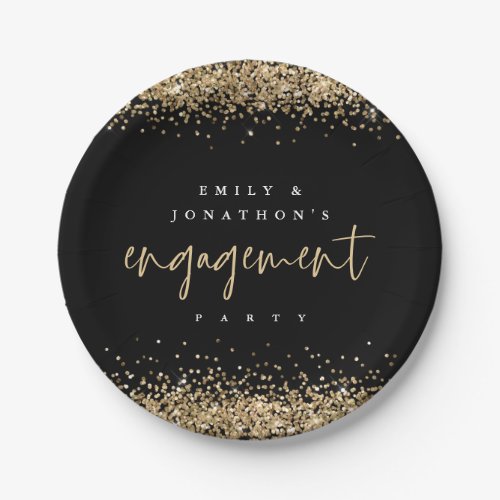 Gold Glitter Borders Names Engagement Party Black Paper Plates