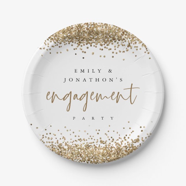 Gold Glitter Borders Names Engagement Party Paper Plates (Front)