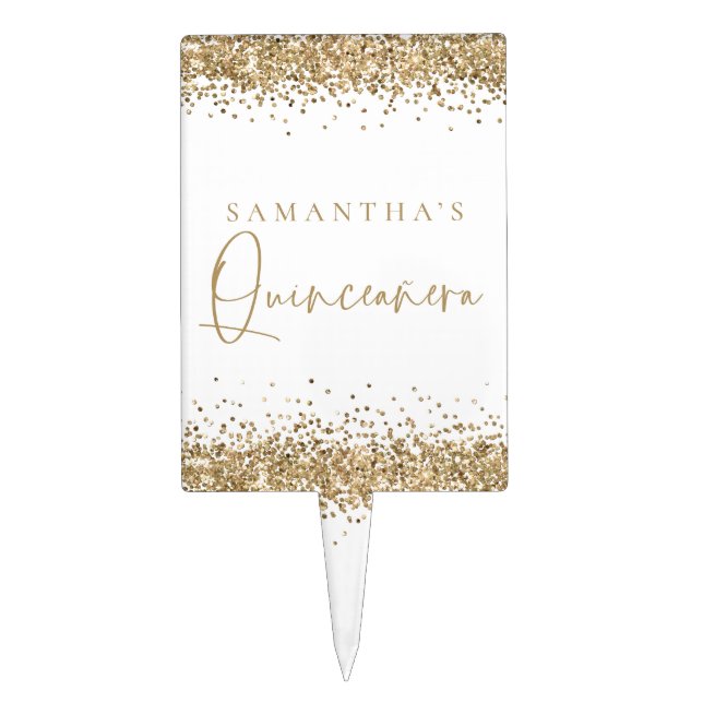 Gold Glitter Borders Quinceañera Party Cake Topper (Front)