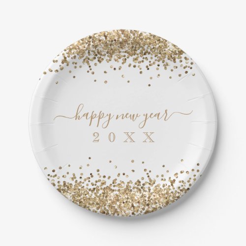 Gold Glitter Borders Script Happy New Year Paper Plates