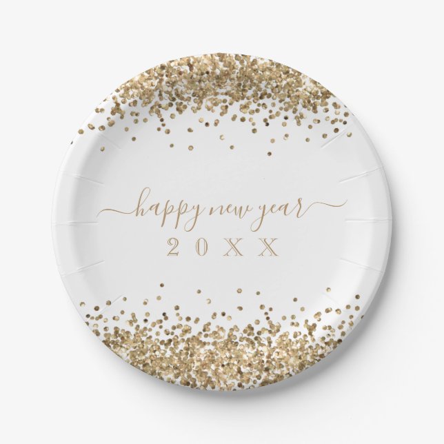 Gold Glitter Borders Script Happy New Year Paper Plates (Front)