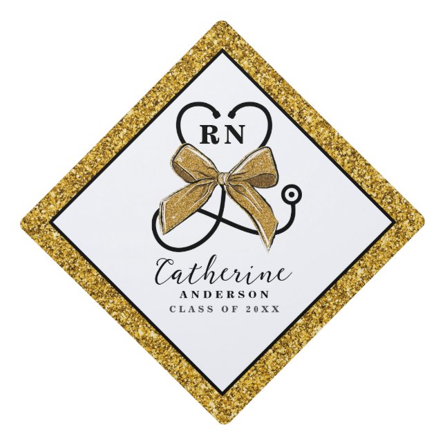 Gold Glitter Bow Nurse Graduation Cap Topper (Front)