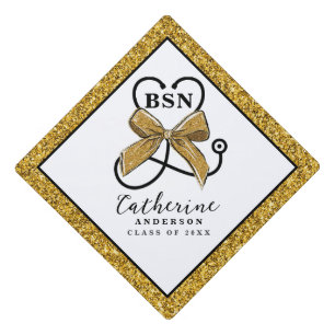 Gold Glitter Bow Nurse Graduation Cap Topper
