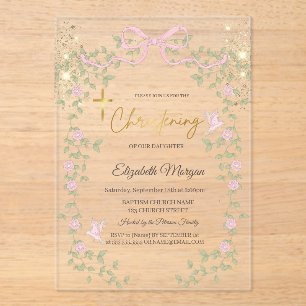 Gold Glitter Bow Wildflowers Gold Cross Baptism Acrylic Invitations