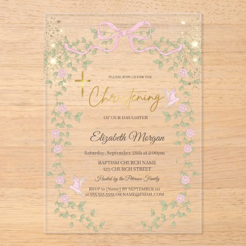 Gold Glitter Bow Wildflowers Gold Cross Baptism Acrylic Invitations