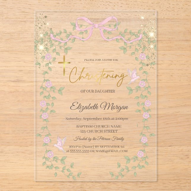  Gold Glitter Bow Wildflowers Gold Cross Baptism Acrylic Invitations (Front)
