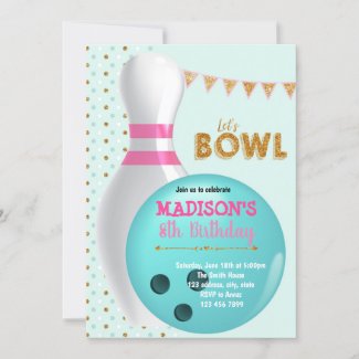 Gold glitter bowling party invitation
