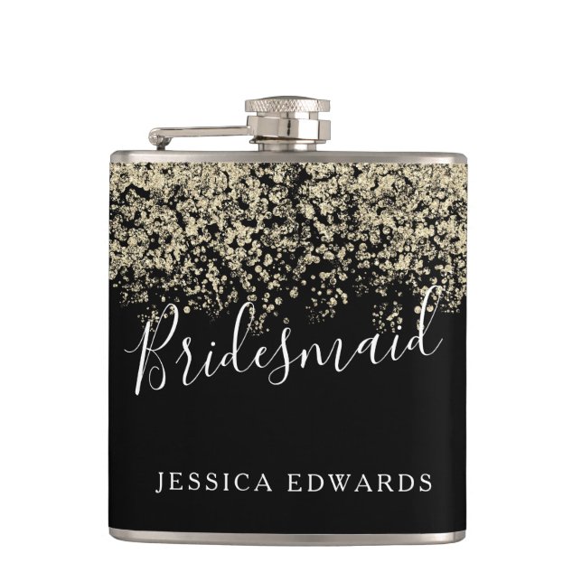 Gold Glitter Bridal Party Bridesmaid Wedding Gift Flask (Front)