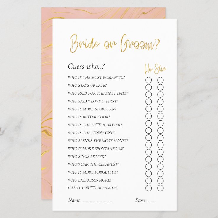 Gold Glitter Bridal Shower game Bride or Groom | Zazzle